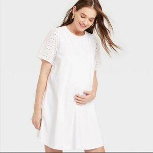 THE NINES By HATCH White Cotton Short Eyelit Sleeve Crewneck Maternity Dress L